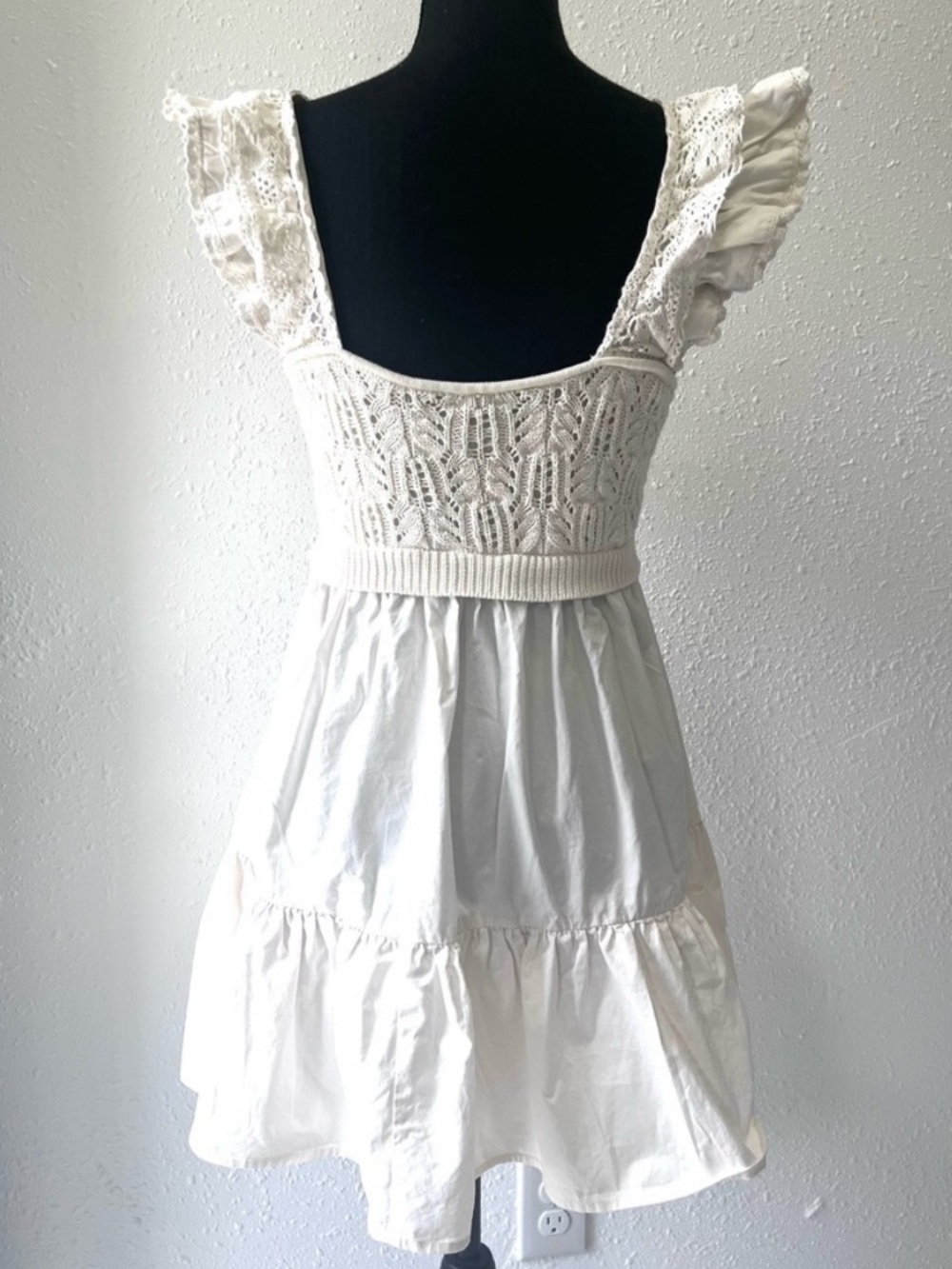 Cottagecore Romantic Crochet Collette Mini Sun Dress Ruffle Puff Sleeve Size S - Picture 6 of 6